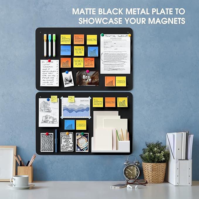 MaxGear Metal Magnetic Board 17.5" x 11.4" 2 Pack Black Magnet Bulletin Board for Wall, Refrigerator, Magnetic Board Display Notes, Photos, and More - Includes Dual Lock Tape and Screws