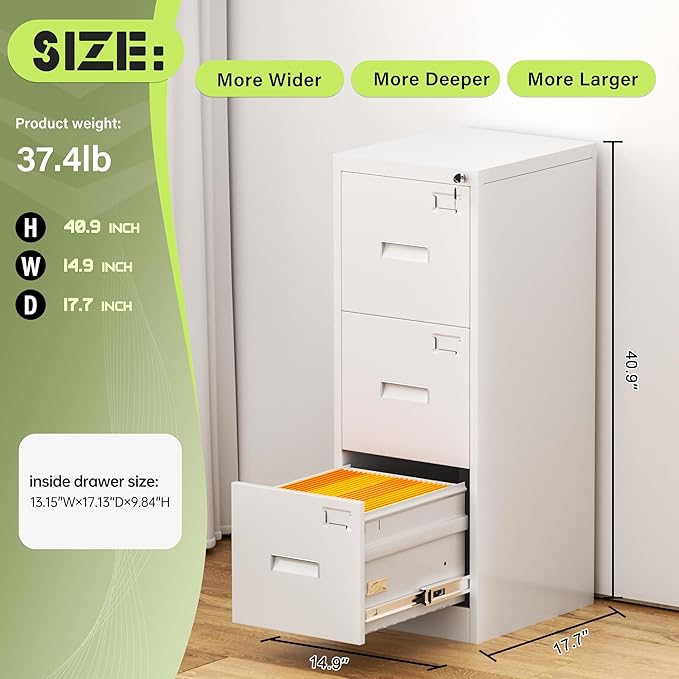 Oakcloud 3 Draw File Cabinet for Home Office, Filing Cabinet with Lock, Metal Vertical File Storage Cabinet for A4/F4/Letter/Legal Size, Easy Assemble (15“-White)