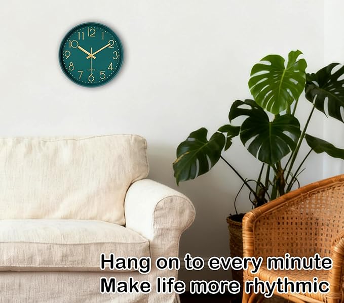 Wall Clock, Silent Wall Clocks Battery Operated 10 Inch- Modern Non Ticking Analog Clock with Large Numerals Tempered Glass Clocks for Bedroom Living Room Kitchen Office Decor, Dark Green