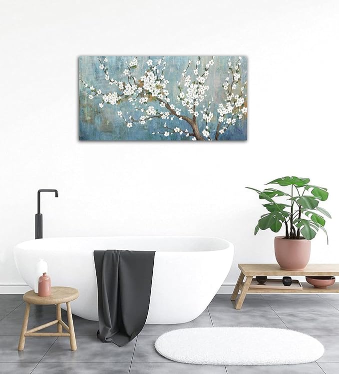 yearainn Elegant Flowers Canvas Wall Art - Plum Blossom Pictures for Wall Decor Rustic Turquoise Canvas Painting Nature Printing Artwork for Living Room Bedroom Home Office Wall Decoration 20" x 40"