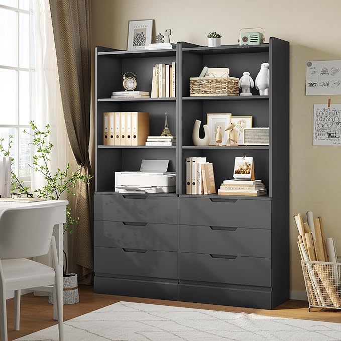 DICTAC Bookcase with 3 Drawers and Shelves 73.23'' Tall Bookshelf with Storage Modern Wood Closet Drawers System,Closet Organizer Unit Freestanding Tall Storage Cabinet for Home Office,Bedroom,Black