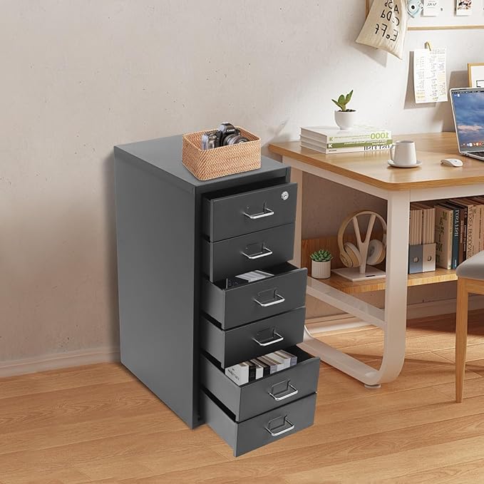 6 Drawer Vertical File Cabinet with Lock, Metal Movable Office Storage Cabinet, Under-Desk File Cabinet with Wheels, for Home Office Use (Black)