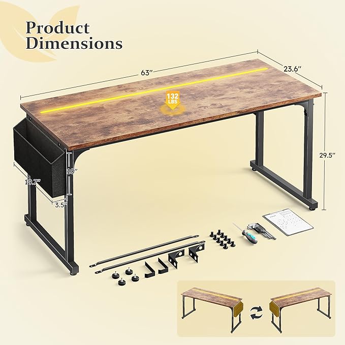 63 Inch Computer Desk with LED Lights, Office Desk for Home Office, Study Desk Writing Table with Storage Bag, Headphone Hook, Rustic Brown