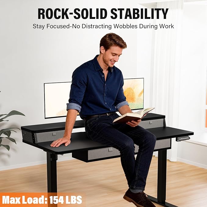 Kingant 48 x 24 Inch Electric Standing Desk with 4 Drawers, Height Adjustable Sit to Stand Computer Desk with Storage Shelf and C-Clamp Mount Compatibility for Home Office, Black