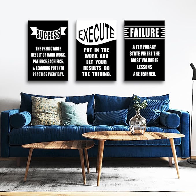 Motivational Wall Art 3 Pieces Success Signs Inspirational Quotes Picture Painting Execute Failure Success Posters Print for Home Living Room Office Artwork Stretched and Framed [72''Wx36''H]
