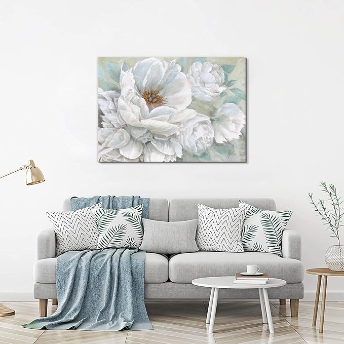 SEVEN WALL ARTS White Flower Canvas Wall Art Modern Blossom Floral Painting Large Abstract Pictures Landscape Print Framed Artwork for Living Room Bedroom Office Home Decor 36"x 24"