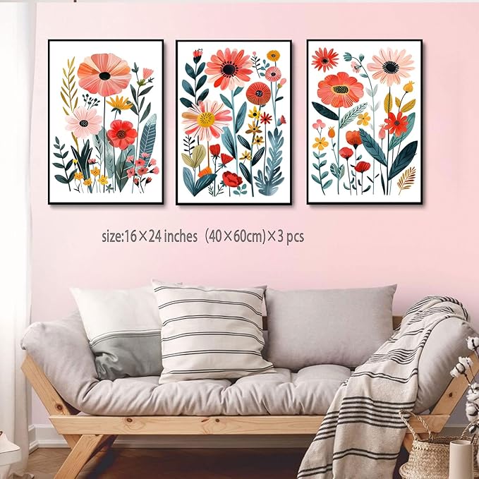 KISSFOX Framed Colorful Wildflower Canvas Wall Art Set Of 3 Flowers Pictures Prints Flowers Printing Floral Watercolors Flower wall Decor Living Room Girls Bedroom Bathroom