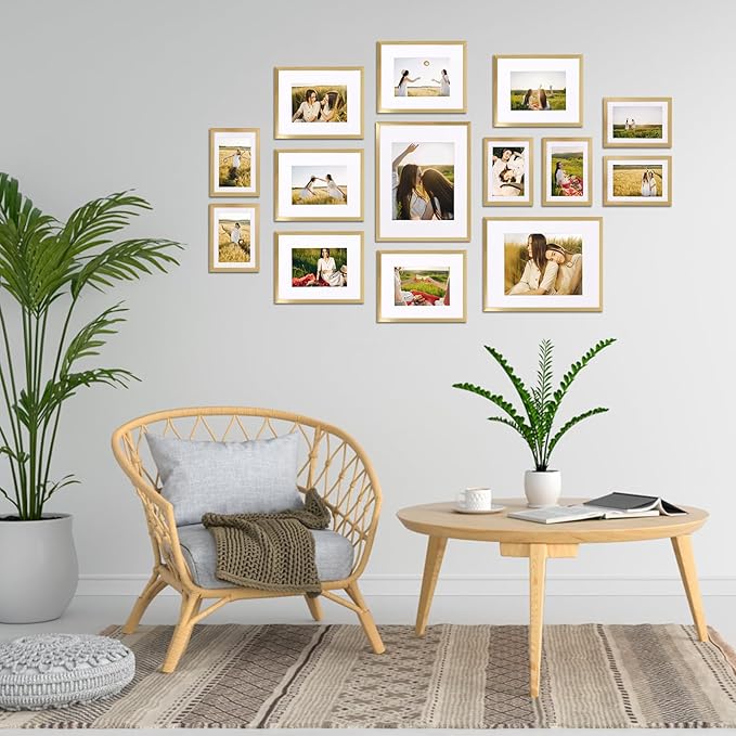 Giftgarden 14 Pack Gold Picture Frames with Mat for Various Sizes Photos, Assorted Matted Frame Set Including Two 11x14, Six 8x10, Six 5x7, Gallery Frame Collage for Wall or Tabletop Display