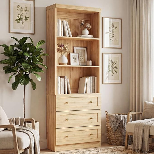 Cyclysio 80" Bookshelf with 3 Drawers, Tall Bookcase with Thickened Top Panel and 3-Tier Open Shelves, Tall Storage Cabinet for Home Office, Living Room, Natural