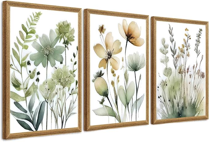 SYWENNOI 3 Pieces Wood Framed Green Botanical Canvas Wall Art, Boho Floral Watercolor Art Wall Decor, Minimalist Flower Pictures Poster Prints for Bedroom Bathroom Living Room Ready to Hang 20x30 In