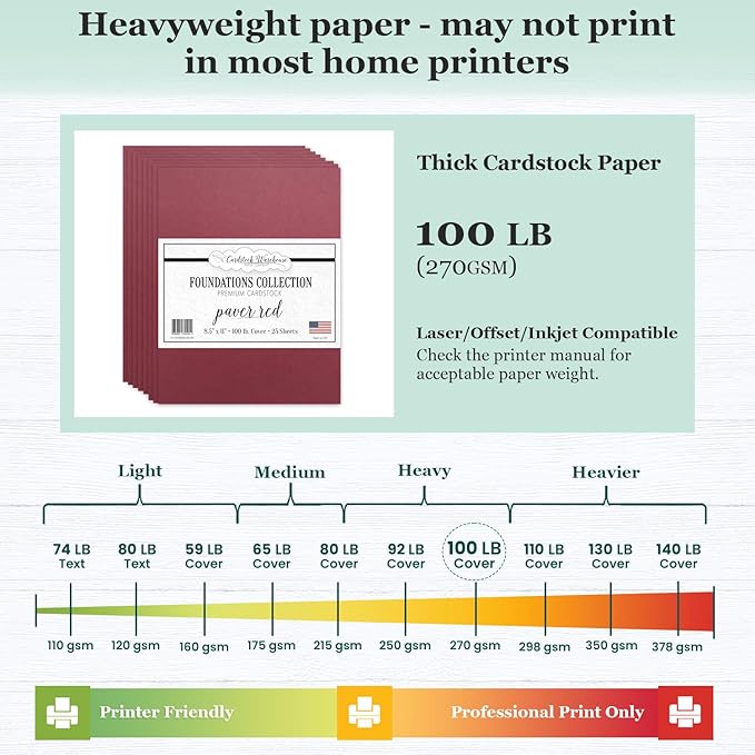 Cardstock Warehouse Foundations 100% Recycled Paver Red Burgundy Cardstock Paper - 25 Sheets 8.5 x 11” - 100 Lb/270 GSM Premium Red Card Stock for Card Making Laser Inkjet Printing & DIY Projects