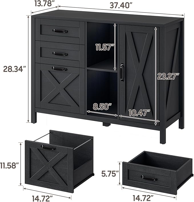 Farmhouse Lateral Filing Cabinet, Lateral File Cabinet with 3 Drawers and Cabinet, Large Printer Stand with File Drawer for Letter/A4 Size Hanging Files for Home Office, Rustic Black