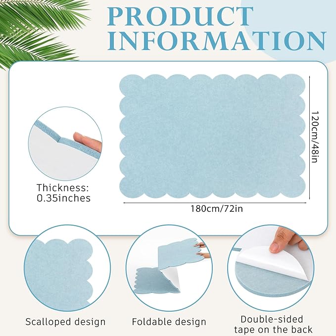 Scalloped Felt Bulletin Board 72 x 48 Inches Foldable Light Blue Pin Cork Board Alternative for Wall, 6' x 4' Trifold Picture Vision Self Adhesive Bulletin Decorative
