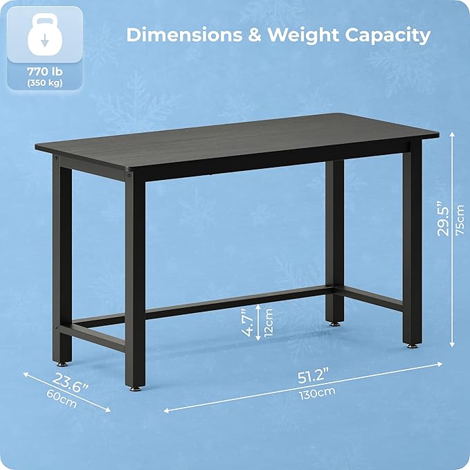 51" Home Office Desk Modern Computer Desk 51.2x23.6x29.5 inches PC Table with Thicken Frame Industrial Style Sturdy Metal Frame Furniture for Writing Gaming Black+Black