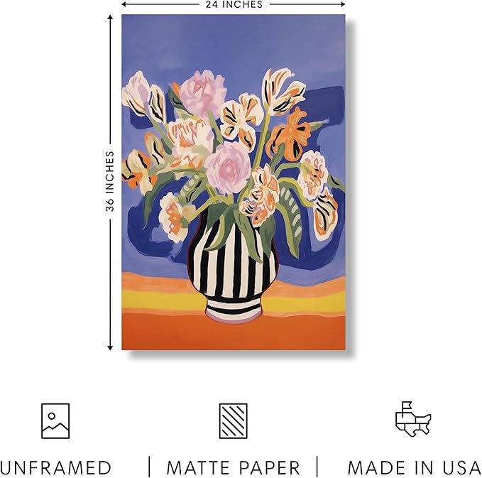 HAUS AND HUES Floral Art Wall Decor - Wildflowers Wall Art for Living Room, Floral Artwork for Bedroom Walls, Flower Painting for College Girls Dorm Room (Striped Vase, Unframed, 24x36)