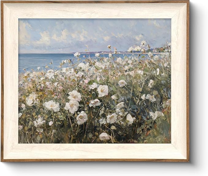 ASTRDECOR Framed Canvas Wall Art Room Decor, Vintage Landscape Wall Art for Home Decor Aesthetic Artwork, Coastal Scenery Nature Rustic Farmhouse Wall Decor for Living Room, White Wildflowers Oil Painting Pictures Bathroom Wall Decor- 10''x12''