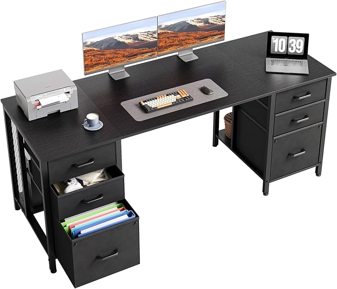 ODK 63 inch Computer Desk with File Drawers Cabinet, Modern Office Desk with Large Storage for Home Office, Study, Gaming, Black