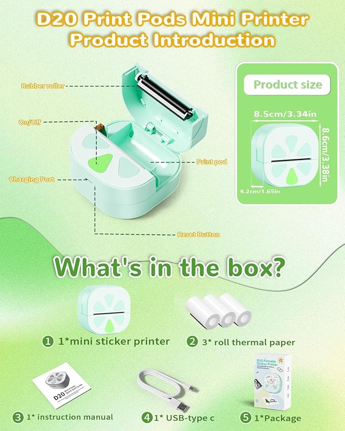 Mini Sticker Printer, D20 Portable Bluetooth Inkless Thermal Sticker Maker Machine with 3 Rolls Paper, Pocket Print Pods Label Maker for iphone, Impresora Portátil for Study Note, DIY, Kids Gift