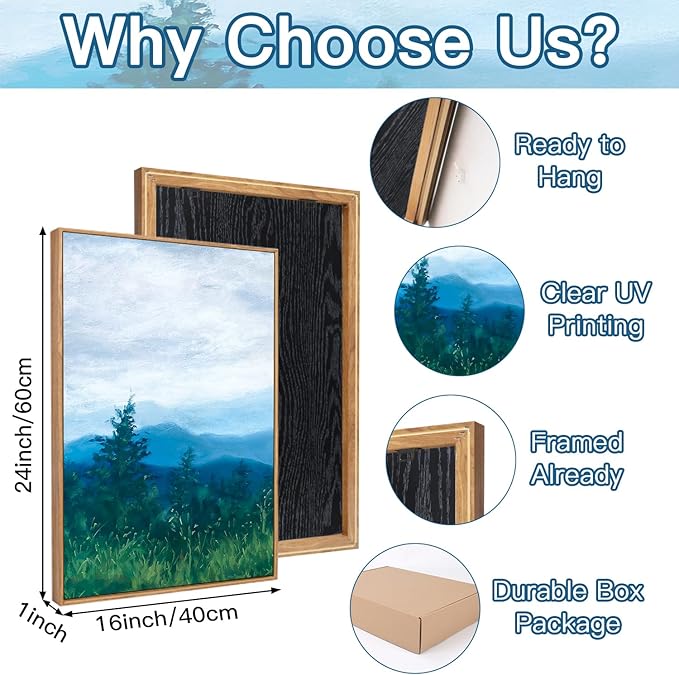 CHDITB Boho Blue Mountain Framed Wall Art Paintings(16"x24"), 3 Panels Blue White Sky Ridge Virginia Landscape Watercolor Canvas Artwork Printings, Large Modern Cloud Trees Nature Posters for Bedroom Living Room