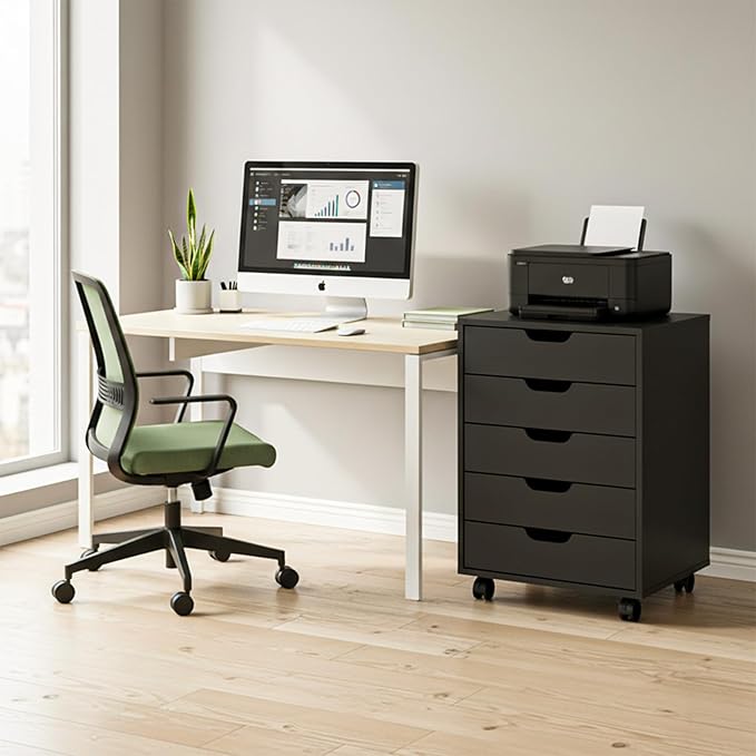 VINGLI 5 Drawers Mobile File Cabinet with Wheels, Under Desk Storage Organization, Vertical Filing Chest Rolling Wood Small Desk Printer Stand for Home Office, 19" W × 15.8" D × 25.6" H, Black