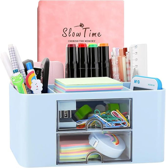 Creative & Simple Desk Organiser, 7 Grids, Plastic Table Organiser with Drawer, Multifunctional Desk Organiser, Pen Holder for School, Office, Home (Blue)
