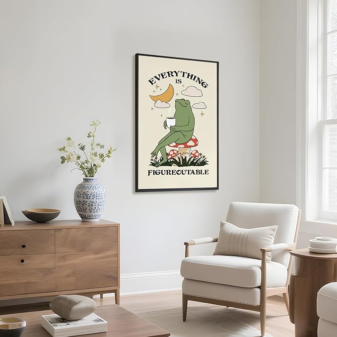 Everything Is Figureoutable Motivational Wall Art Funny Frog Coffee Inspirational Poster Positive Quote Daily Reminder Canvas Print Affirmation Wall Decor for Home Office 16x24inch Black Framed