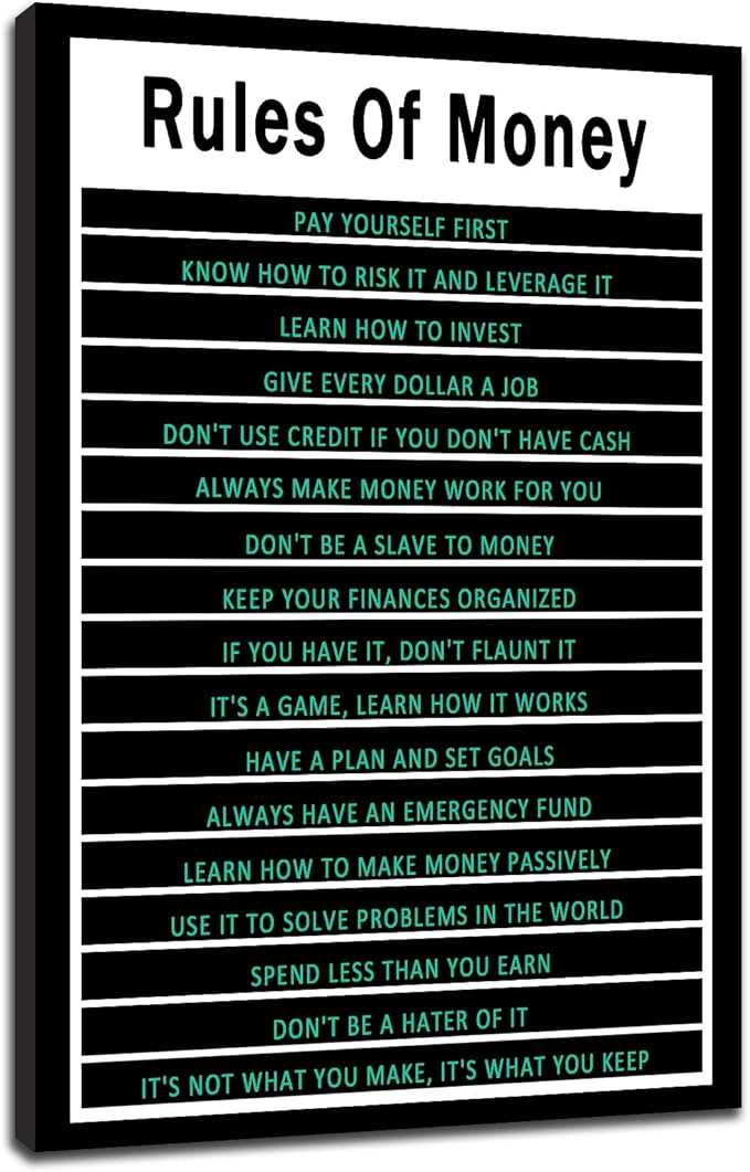 Inspirational Wall Art Rules Of Money Motivational Poster Quotes Wall Decor for Bedroom Bathroom Office Canvas Print Sign Framed Art Decoration Framed Ready to Hang [12''Wx18''H]