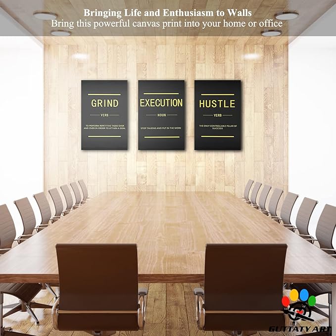 Office Wall Art - 3 Panel Motivational Wall Art, Inspirational Quotes Canvas Art for Home Office Wall Decor, Positive Quotes Wall Decor, Entrepreneur Grind Hustle Execution Poster Frame (20”x30”x3Pcs)