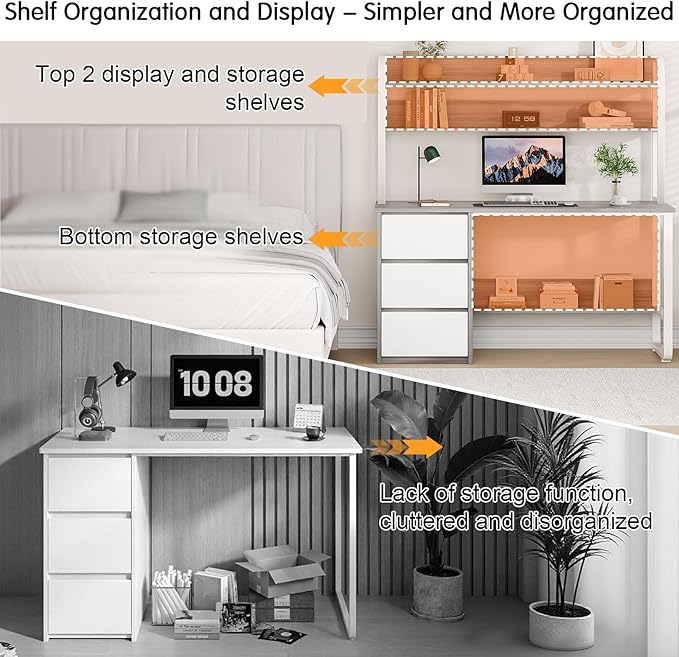Computer Desk with 3 Drawers, 55 Inch Desk with Hutch for Small Spaces, Study Writing Desk with Shelves for Bedrrom, Adjustable Feet, Grey
