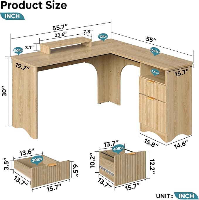 Bestier L Shaped Desk with File Drawer, 55.7" x 55" Office Computer Desk with Round Corners, Modern Desk with Monitor Stand & Fluted Panels for Home Office, Natural Oak
