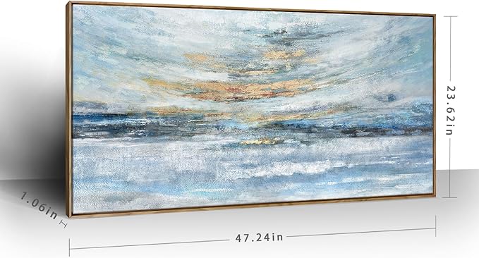 Nicetop Large Wall Art Canvas for Living Room, Framed Abstract Coastal Painting - 48x24 Inch Modern Light Blue and Gold Sunset Print, Ready to Hang Décor for Bedroom, Office, Bathroom, Dining Room Wall