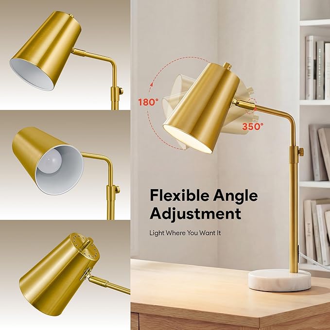 VONLUCE Gold Desk Lamp with LED Bulb Adjustable, Antique Brass Metal Table Lamp Marble Base, Mid Century Modern Reading Lamp Office, 20’’ Industrial Task Lamp Work Lamp for Reading Bedroom
