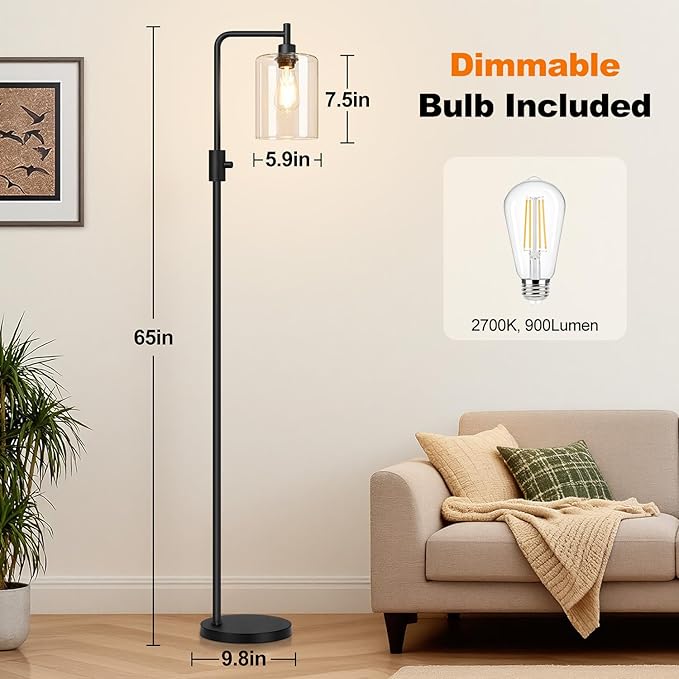 【Upgraded】Dimmable Floor Lamp for Living Room with Glass Shade, Black Modern Industrial Floor Lamp with 900LM LED Bulb Included, Bright Standing Tall Lamp for Bedroom, Office, Reading Room, Corner