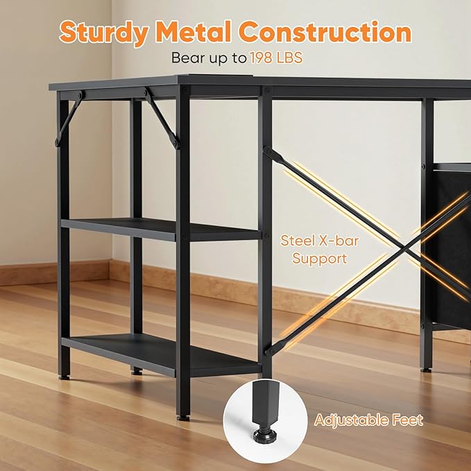 DUMOS L Shaped Desk with Shelf Drawers 55 Inch, Black Corner Computer Desks Gaming with Power Outlet, Study Table with Adjustable Shelves, Home Office Tables for Bedroom Teacher Reading Writing