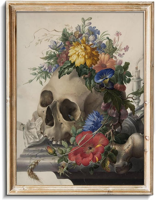 uniro Vintage Floral Skull Wall art Decor Rustic Hanging Retro Skull Flowers Canvas Print Gallery Decor Wall Art Print Poster Painting for Home Living Room Bedroom Halloween wallart (8" x 10"-UNFRAMED)