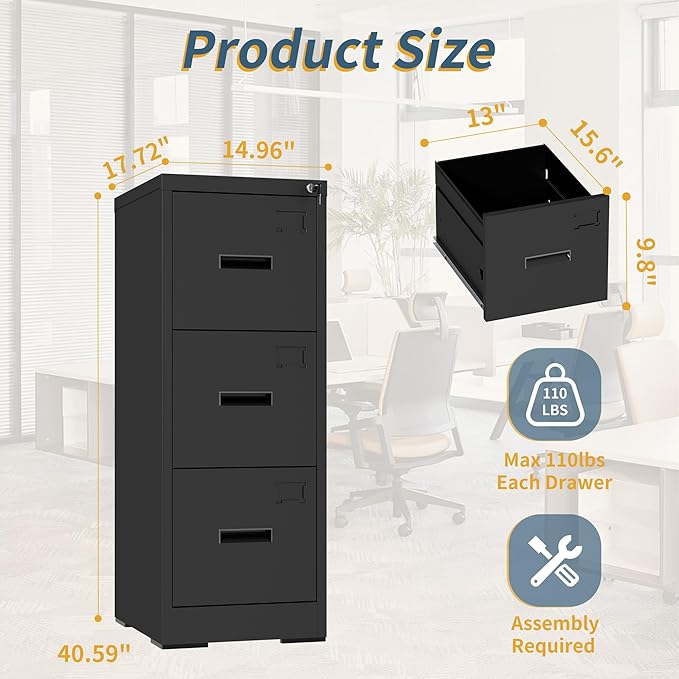 3 Drawer File Cabinet with Lock, Vertical Filing Cabinets for Home Office, Heavy Duty File Cabinet, Metal Storage Cabinets for Letter/Legal/A4/F4 Size Assembly Required, Black