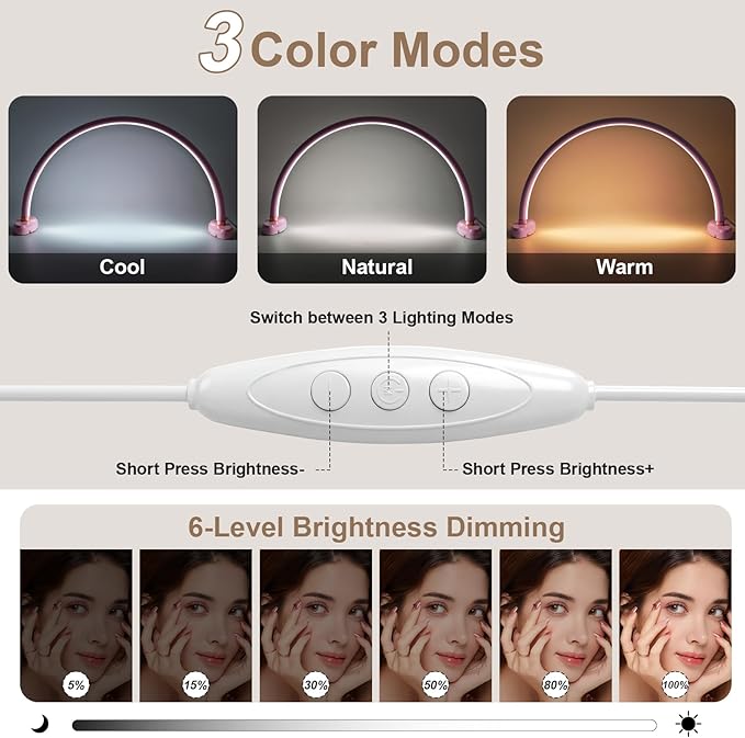 Half Moon Light for Nail Desk 16 inch Nail Desk Light Half Moon Lamp Portable Arch Lamp Dimmable with Foldable Bracket for Desk Salon Table Use, 3 Color Temperature