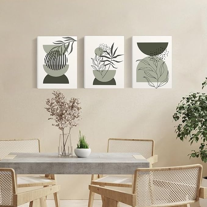Sage Green Boho Wall Art Set of 3,Minimalist Boho Framed Wall Art Geometric Line Leaf Sun Moon Beige Green Canvas Artwork Paintings Wall Decor Living Room,Modern Abstract Sage Green Boho Wall Decor for Room Bathroom Office,12"x16"