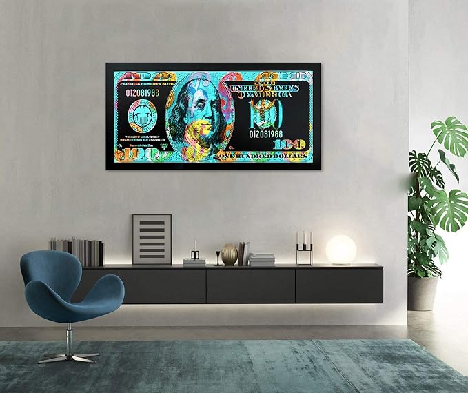 Abstract Color Graffiti Dollar Money Wall Paintings 100 Dollar Bill Wall Art Office Wall Art Canvas Artwork Vintage Money Large 1 Panel Artwork for Wall Decoration Paintings Easy to Hang-48"Wx24"H