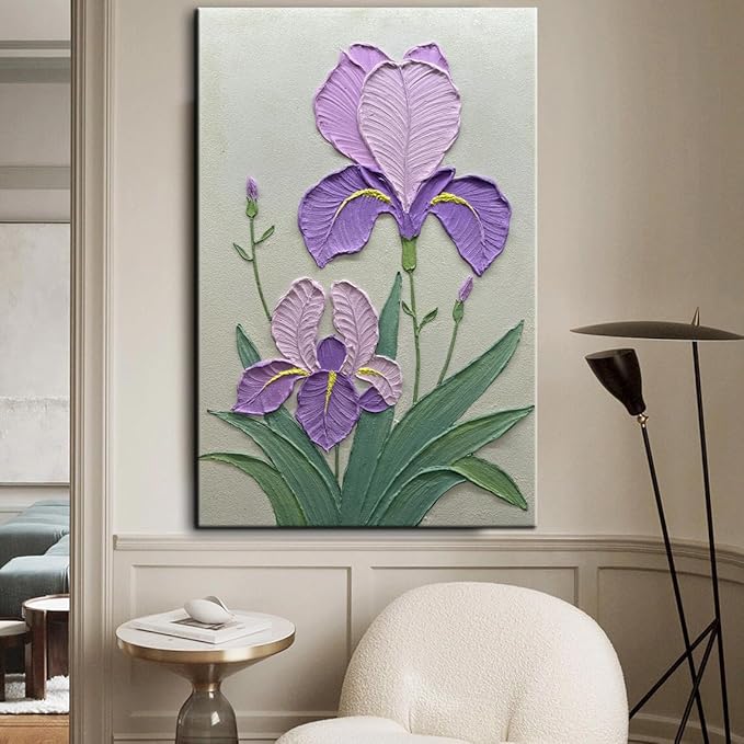 YaSheng Art- Handmade Modern Wall Art Oil Paintings , 3D Textured Wall Art Purple Iris Floral Original Artwork Painting, Modern Minimalist Abstract Wall Art painting, Wall Art for living room Bedroom Wall Deco Home, Framed Wall Art Pictures 36X24 Inch