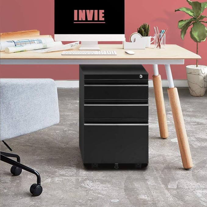INVIE 3 Drawer File Cabinet with Lock, Metal Vertical Filing Cabinet Under Desk for Legal Letter File Anti-tilt Design Office Mobile Cabinet(Black A