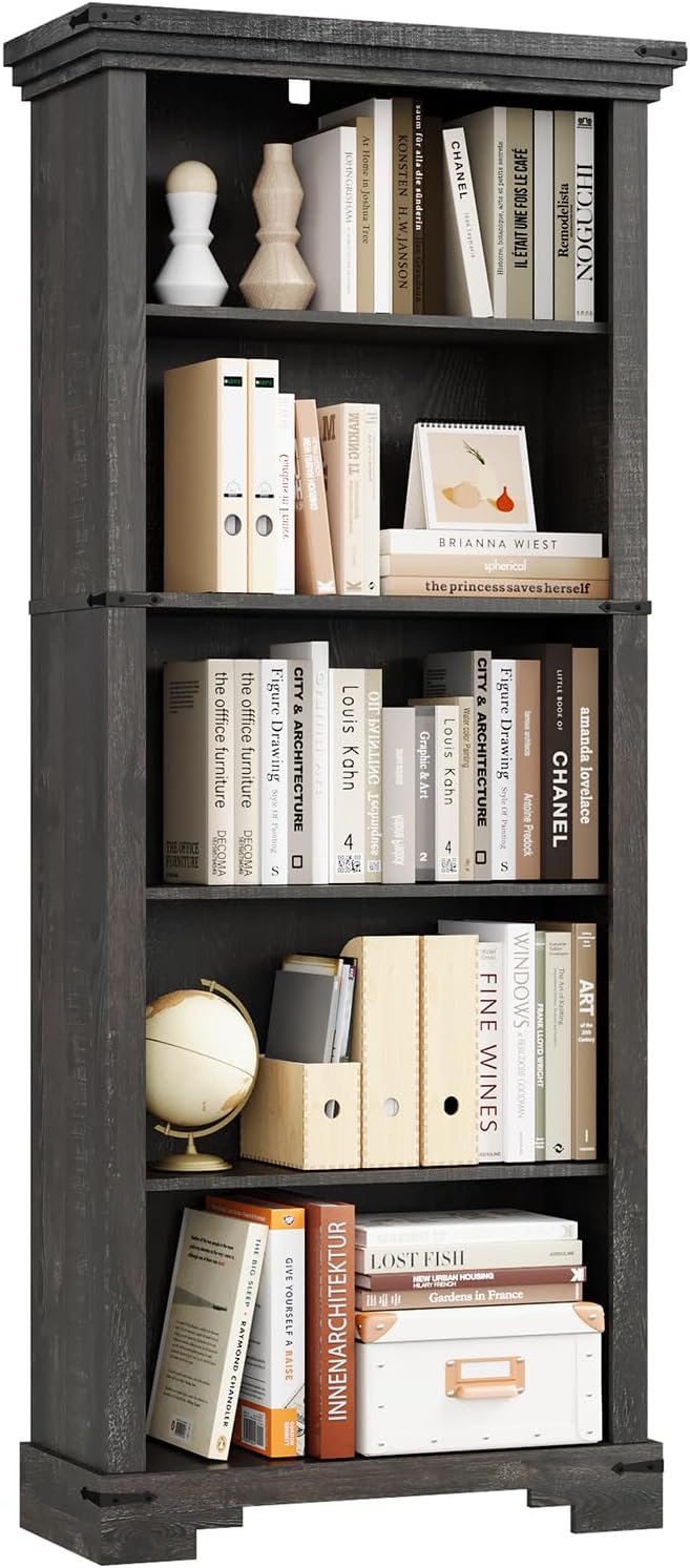 5-Tier Farmhouse Bookshelf, 61.1 inch Tall Bookcase with Storage & Unique Design & One Adjustable Shelf, Wooden Bookshelf for Study Room, Living Room, Home Office, Bedroom (Black)