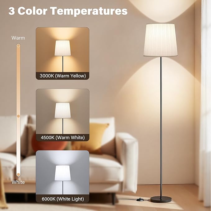 Floor Lamp with Pleated Shade - 62'' LED Standing Lamp with Foot Switch & Night Light, 3 Color Temps, 9W E26 Bulb Included, Modern Corner Lamp for Bedroom Living Room Office Reading, Black