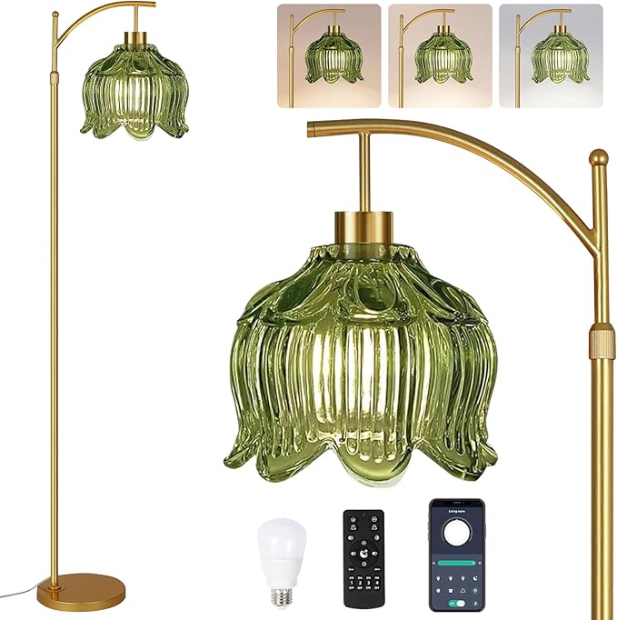 Glass Floor Lamp for Living Room,Bedroom,Gold Mid Century Modern Standing Lamp with Remote,Dimmable Brass Tall Lamp Vintage Tulip Green Arc Flower Floor Light Boho Bohemian