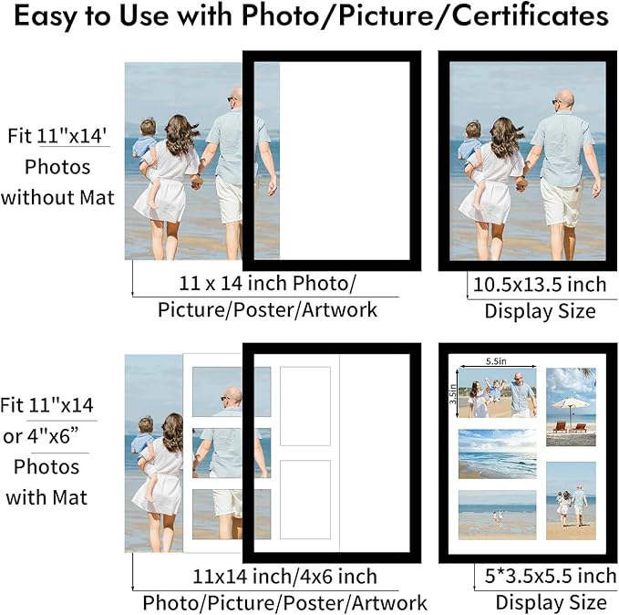 11x14 Collage Picture Frame, Displays 5Pcs 4x6 Photos with Mat or 1Pcs 11by14 Picture without Mat for Wall Hanging, Picture Frames Collage Wall Decor, 1 Pack
