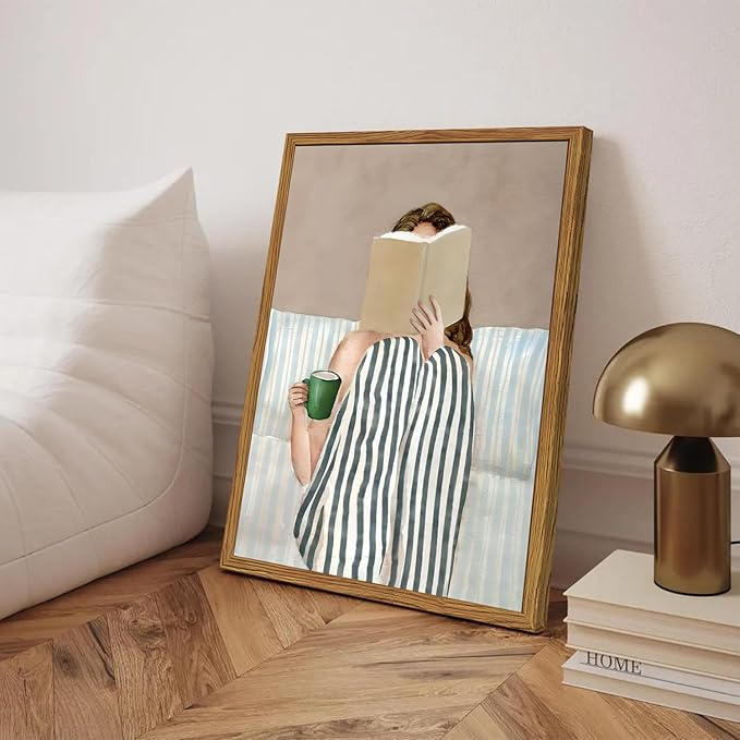 Framed Trendy Preppy Canvas Wall Art, Woman Reading Book with Coffee Pictures Wall Decor Paintings, Blue and White Striped Prints Girly Home Decor for Living Room Bedroom Dorm 12x16 inch