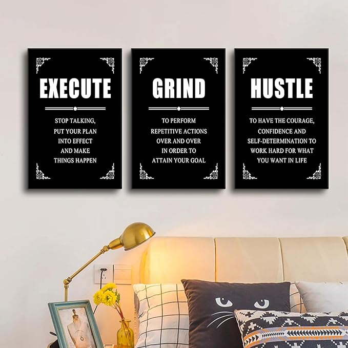 Execute Grind Hustle Inspirational Canvas Wall Art Entrepreneur Positive Quotes Poster Print Motivational Office Wall Decor Suitable for Bedroom Gym Living Room Stretched and Framed [48''Hx24''W]