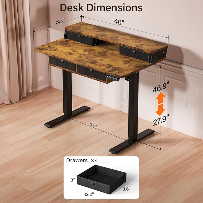 Kingant 40 x 24 Inch Small Electric Standing Desk with 4 Drawers, Height Adjustable Sit to Stand Computer Desk with Storage Shelf and C-Clamp Mount Compatibility for Home Office, Rustic Brown