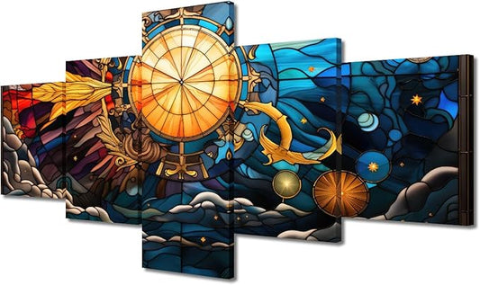 Canvas Wall Art Decor Stained Glass Style Poster Prints Sea Sun Moon Stars Anchor Painting Picture Printing 5 Panel Canvas Art for Living Room Decor Stretched and Framed Ready to Hang 50x24 in