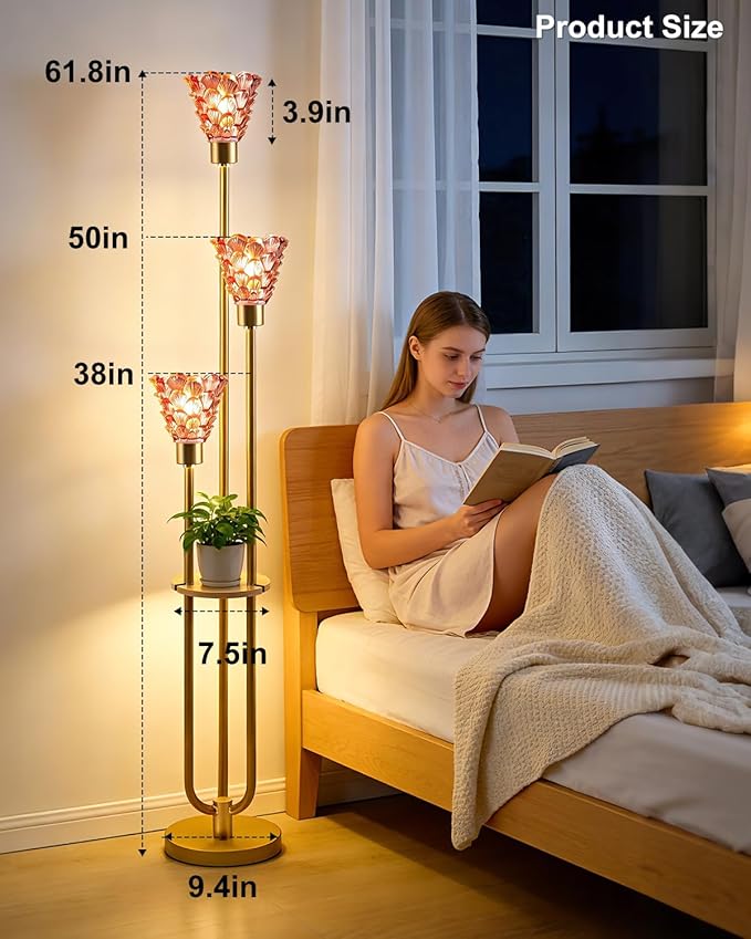 3-Light Modern Glass Floor Lamp with Shelf, Gold Tall Standing Lamp with Pomegranate Red Flower Glass Shade, LED Floor Lamp with Foot Switch for Living Room Bedroom Home Decor, Bulb Included